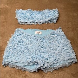 Outcast Light Blue Floral Appliqué Women's Shorts and top